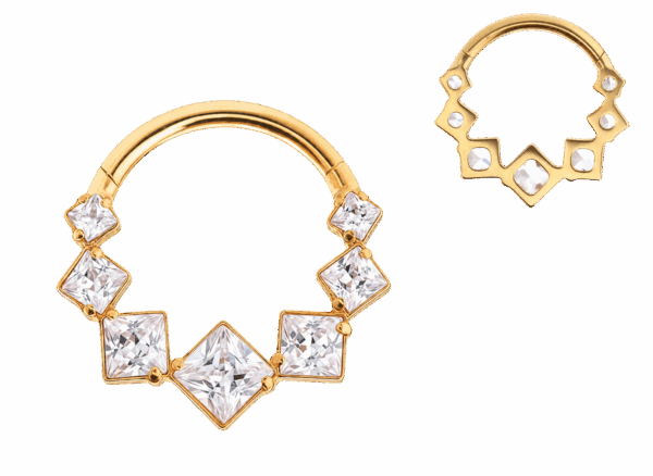 Кликер фронтальный с кристаллами princess cut с золотым PVD покрытием